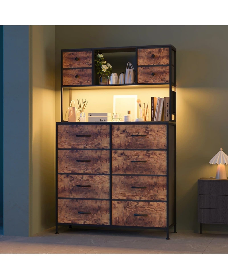 gaomon Dresser for Bedroom, 12-Drawer Fabric Chest with Led Lighting, Power Outlet and Open Shelves