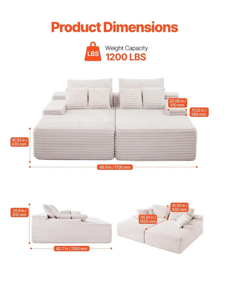 Sugift 82.7-Inch Double Chaise Corduroy Sectional Sofa with Deep Seat