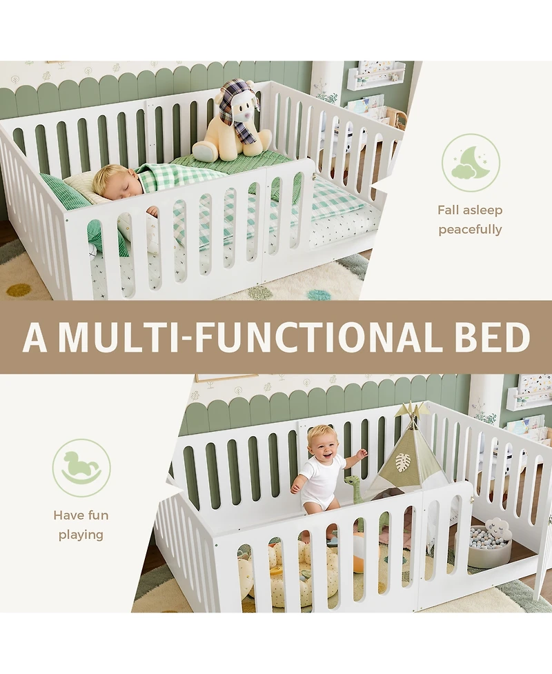 Rainsken Low-Profile Full Size Floor Bed for Kids, Solid Wood Bed Frame with High Protective Fence and Door for Boys Girls, No Box Spring Required