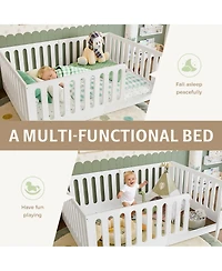Rainsken Low-Profile Full Size Floor Bed for Kids, Solid Wood Bed Frame with High Protective Fence and Door for Boys Girls, No Box Spring Required