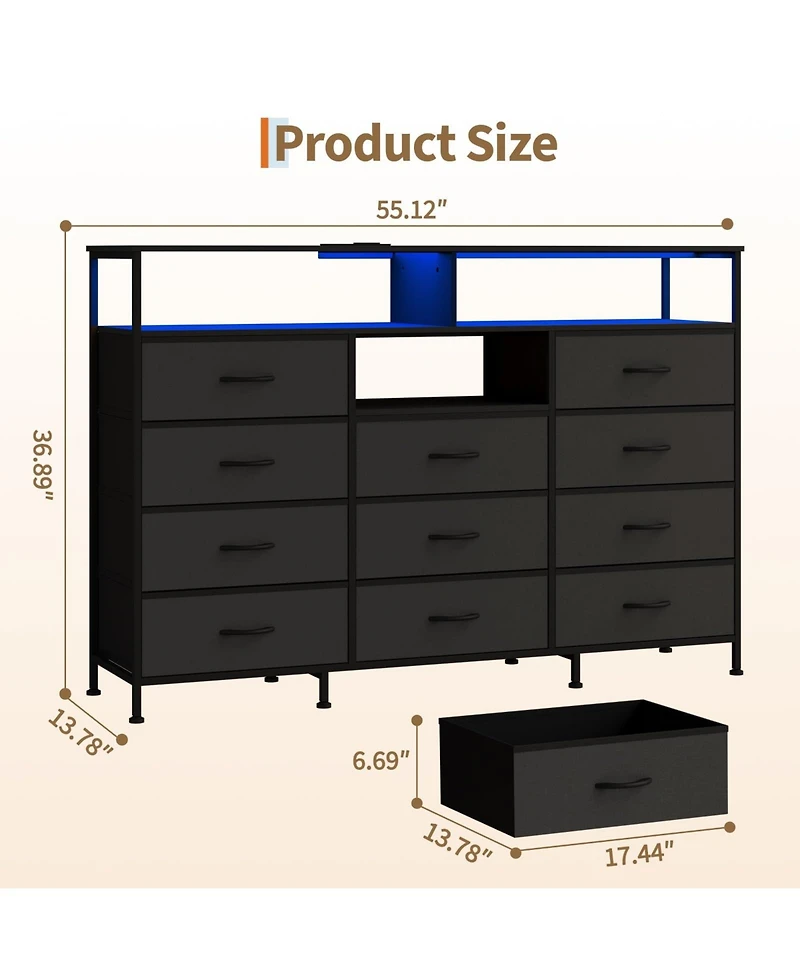 gaomon Dresser for Bedroom with 11 Drawers Featuring Led Light and Power Outlet