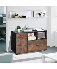 Sugift Wood File Cabinet, Mobile Lateral Filing Cabinet with Adjustable Shelves