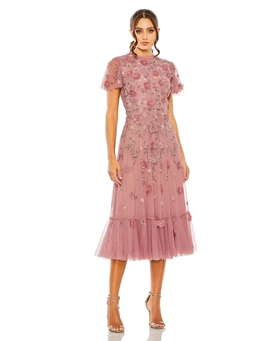 Mac Duggal Petite Embellished High Neck A-Line Dress with Flutter Sleeves