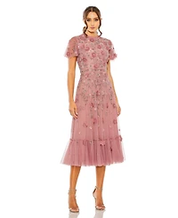 Mac Duggal Petite Embellished High Neck A-Line Dress with Flutter Sleeves