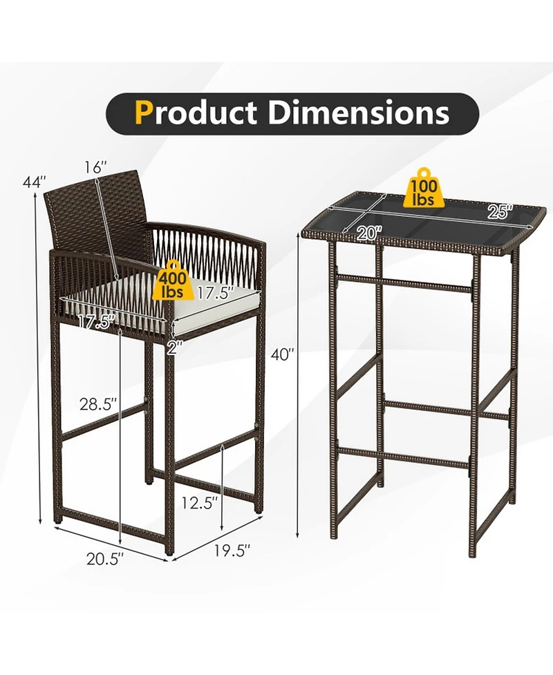 Gouun 3-Piece Wicker Outdoor Bar Set with Tempered Glass Table and Cushioned Armchairs