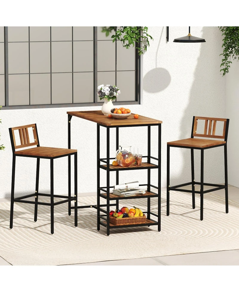 Gouun 3-Piece Acacia Wood Outdoor Bar Set with 3-Tier Storage Shelf and Metal Frame