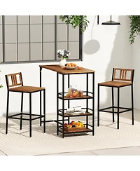 Gouun 3-Piece Acacia Wood Outdoor Bar Set with 3-Tier Storage Shelf and Metal Frame