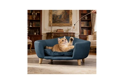 Zeus and Ruta Elevated Cat Bed Frame for Kittens/Cats with Corduroy Cat Couch, Rubber Wood Legs