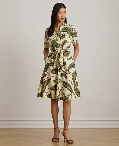 Lauren Ralph Petite Point Collar Rope-Print Tie-Front Shirt Dress
