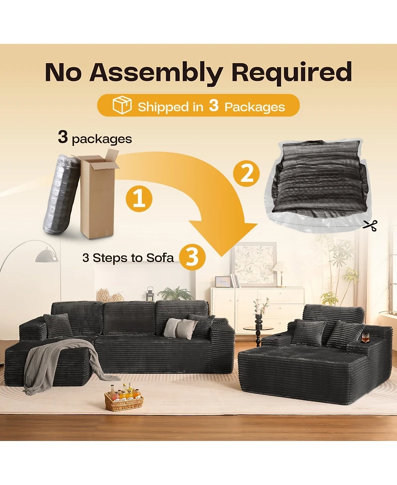 Xizzi 3-Piece L-Shaped Cloud Sectional Sofa with Oversized Chaise Lounge, No-Assembly Living Room Furniture Set, Plush Modular Couch and Comfy Chair