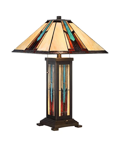 Robert Louis Tiffany Mission Style Table Lamp with Table Top Dimmer and Night Light 25" High Bronze Stained Glass for Living Room Bedroom