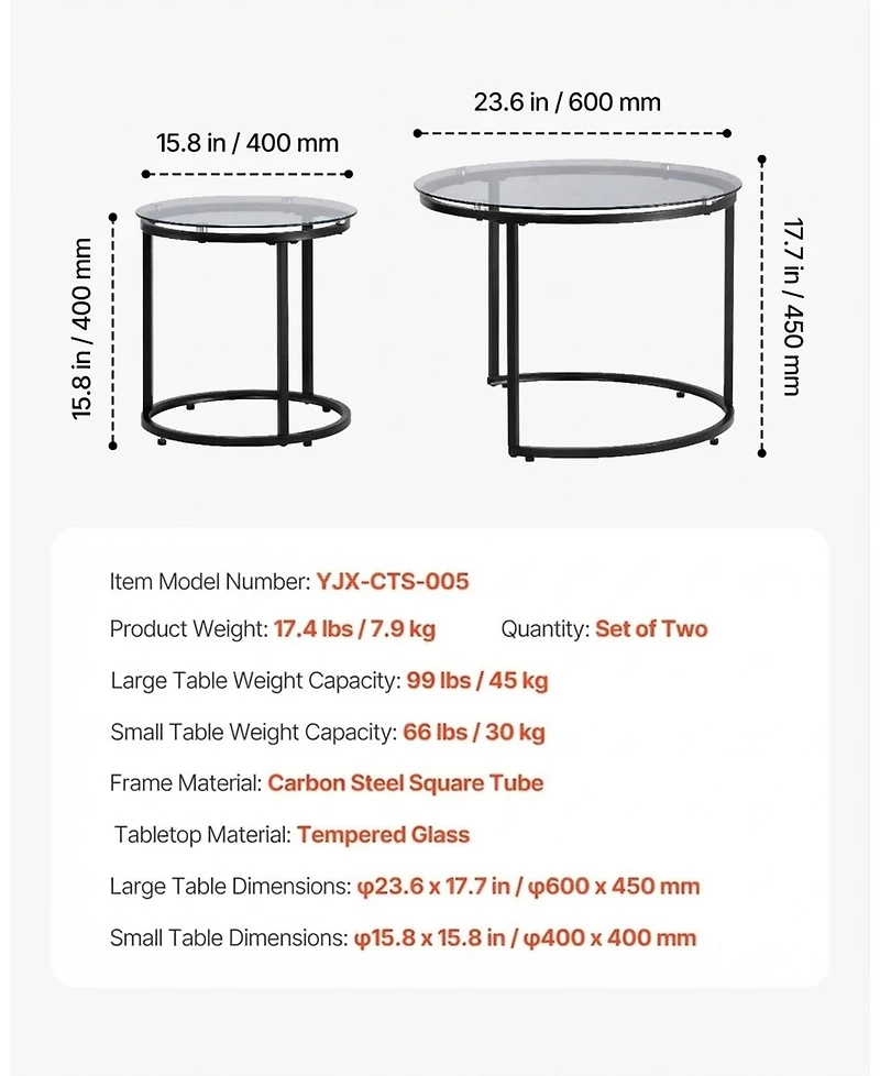 Sugift Nesting Coffee Table Set of 2, 23.6" Round Glass Tables for Small Spaces