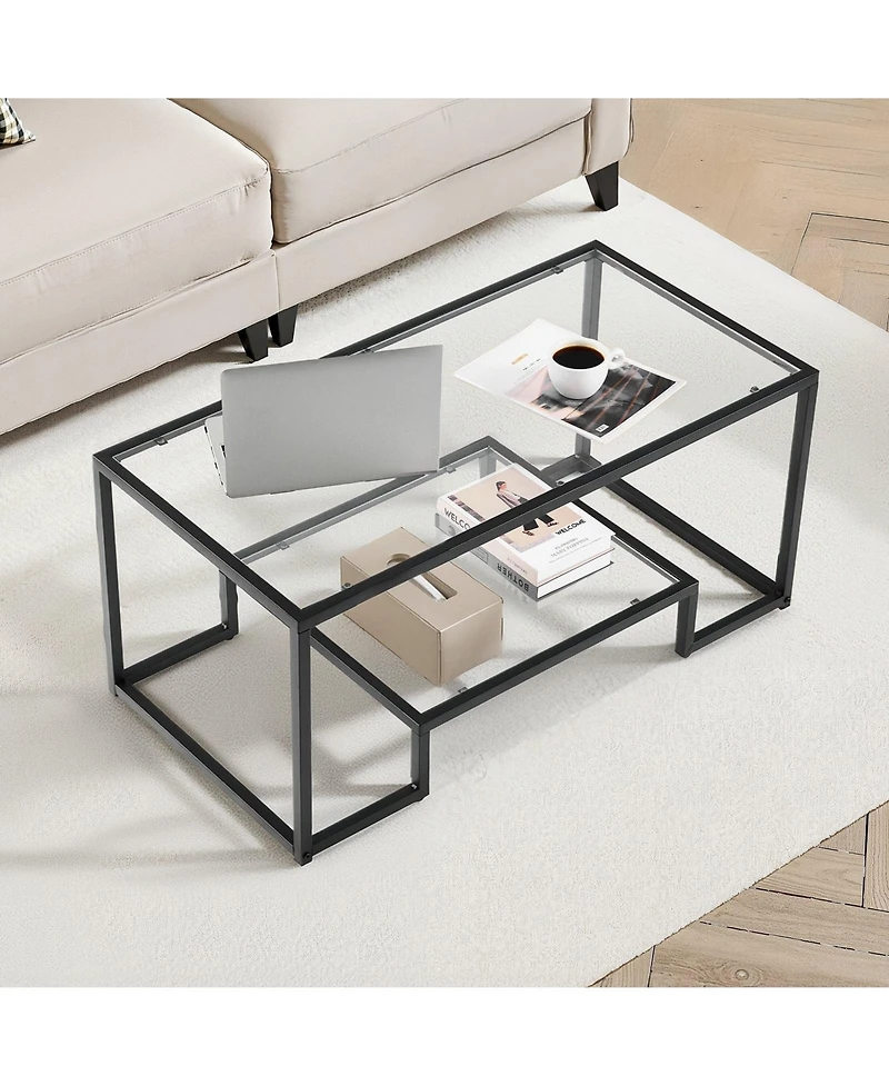 Sugift Coffee Table, Tempered Glass Center Table, 2-Tier with Open Storage for Living Room