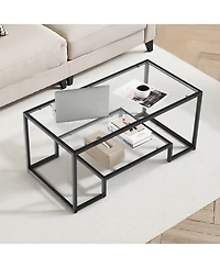 Sugift Coffee Table, Tempered Glass Center Table, 2-Tier with Open Storage for Living Room