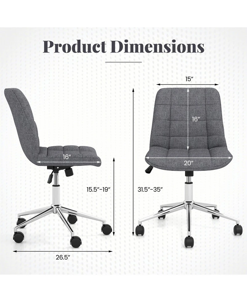 Gouun Armless Upholstered Rolling Vanity Chair with Adjustable Height