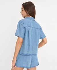 Good American Women's Collared Neck Denim Camp Shirt