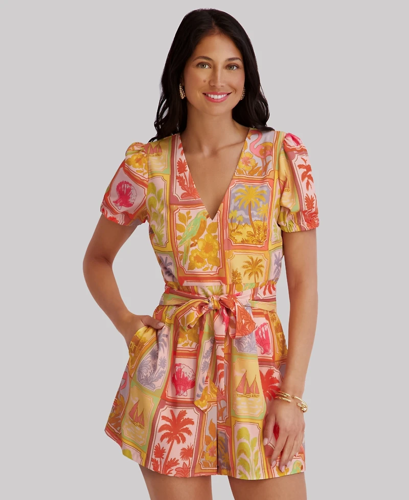 Kensie Women's Short-Sleeve V-Neck Printed Romper