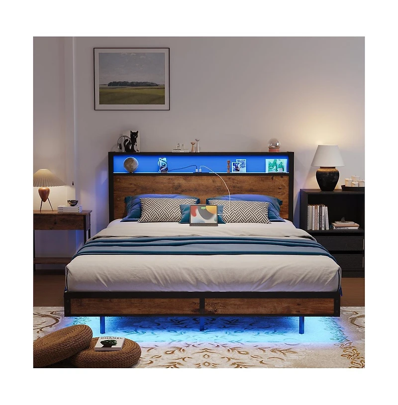 Sailvan Bed Frame With Led Lights, Industrial Platform Bed With Charging Station