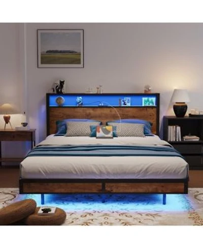 Sailvan Bed Frame With Led Lights Industrial Platform Bed With Charging Station