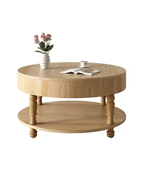 Rainsken Round Solid Wood Coffee Table, Modern Center Table with Hidden Storage, Two-Tier Design for Living Room, Office