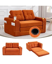 Rainsken Boneless Convertible Sofa Bed, Soft Corduroy Loveseat with Cup Holders and Pillows, Space Saving Fold Out Floor Couch for Home