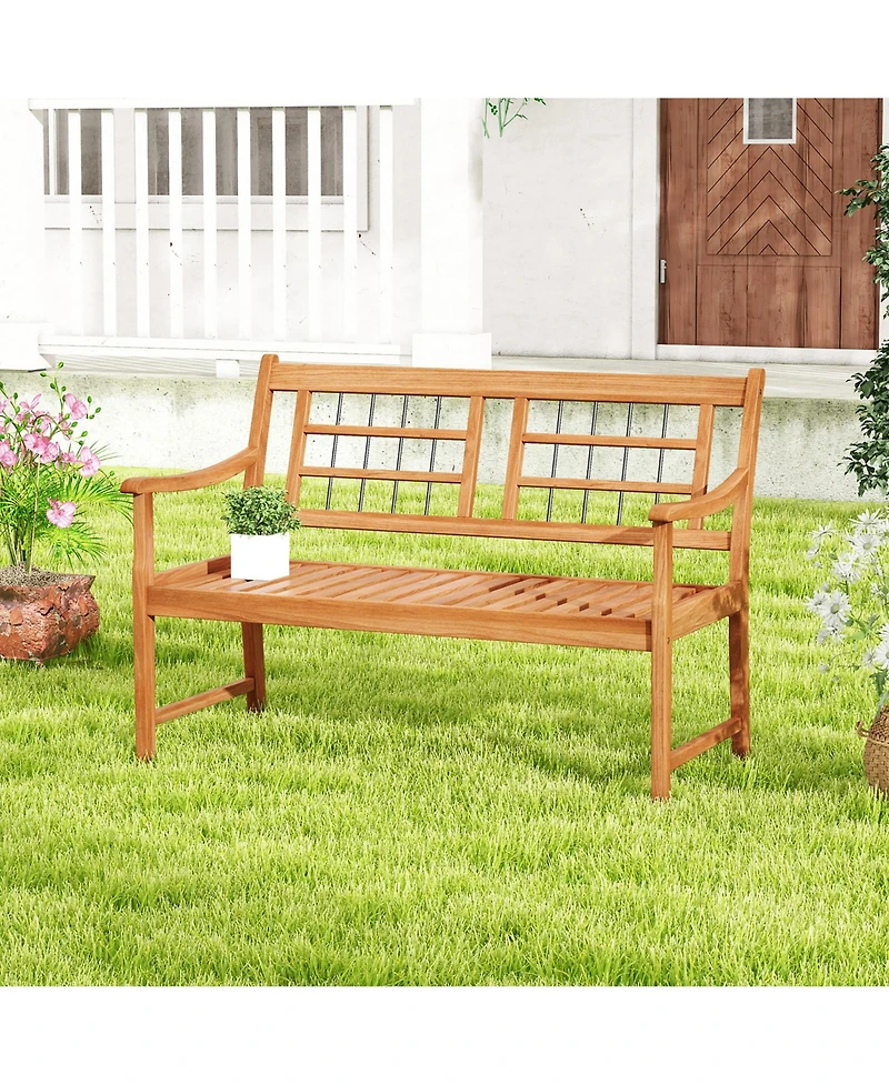 Gymax Outdoor Acacia Wood Bench 2-Person Patio Bench w/ Slatted Seat and Backrest