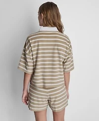 Dkny Jeans Womens Towelling Terry Stripe Boxy Polo Top High Rise Pull On Shorts
