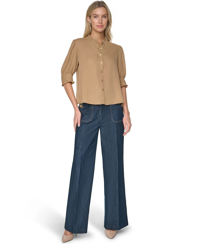 Tommy Hilfiger Women's Puff Sleeve Ruffle Collared Shirt