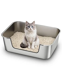 Aronkl Stainless Steel Cat Litter Box Low Entry Anti Splash Odor Free Non Stick Easy Clean for Senior Injured Cats