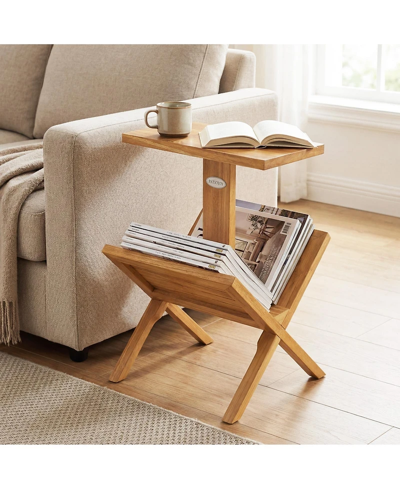 Slickblue Teak Wood 2-Tier Side Table with Built-In Magazine Rack