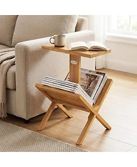 Slickblue Teak Wood 2-Tier Side Table with Built-In Magazine Rack