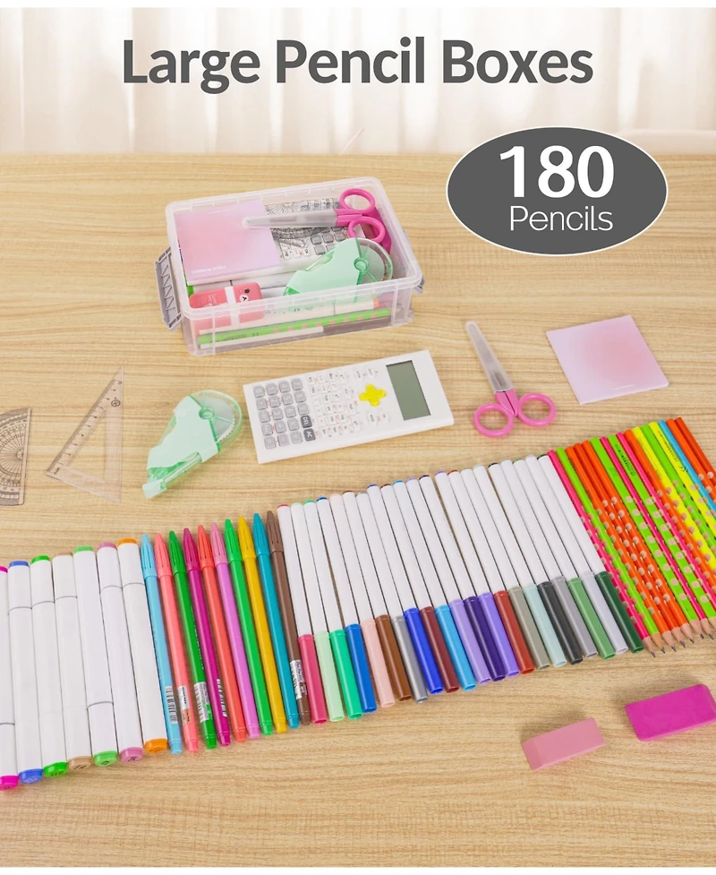 Gnuadz 6pack Pencil Box Plastic Case Crayon Marker Organizer Container Lid Stackable Storage Craft Pen Art School