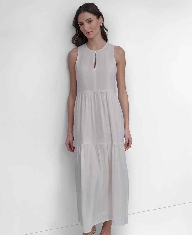 Dkny Jeans Women's Sleeveless Keyhole Crewneck Tiered Maxi Dress