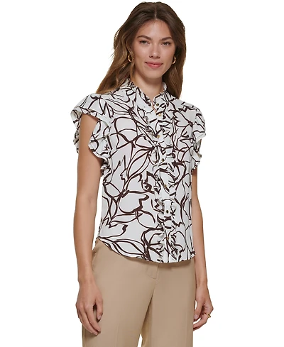 Dkny Petite Flutter Short-Sleeve Mock Neck Blouse