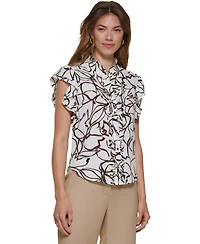 Dkny Petite Flutter Short-Sleeve Mock Neck Blouse