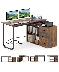 Slickblue 55" L Desk Reversible with 3 Drawers and Adjustable Storage Shelf