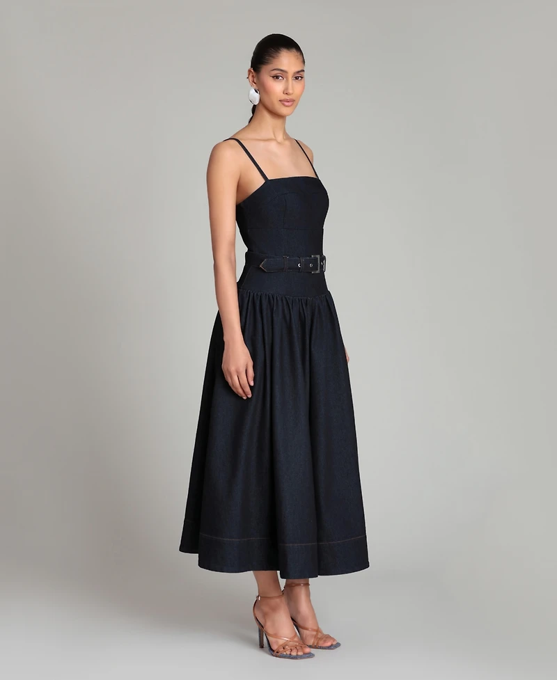 Avec Les Filles Women's Belted Drop Waist Stretch Denim Midi Dress