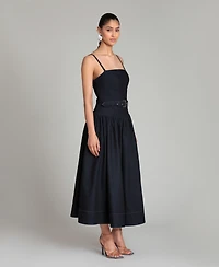 Avec Les Filles Women's Belted Drop Waist Stretch Denim Midi Dress