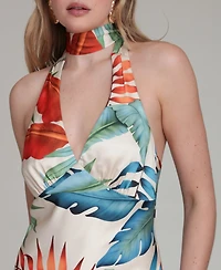Avec Les Filles Women's Printed Halter Scarf-Tie Maxi Dress