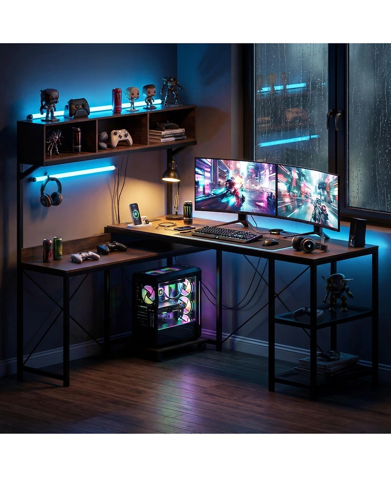 Slickblue 62 Inch Brown L Shaped Desk with Power Outlet and Storage Hutch