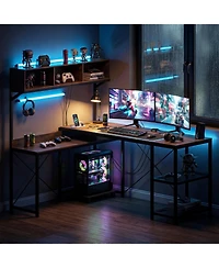 Slickblue 62 Inch Brown L Shaped Desk with Power Outlet and Storage Hutch