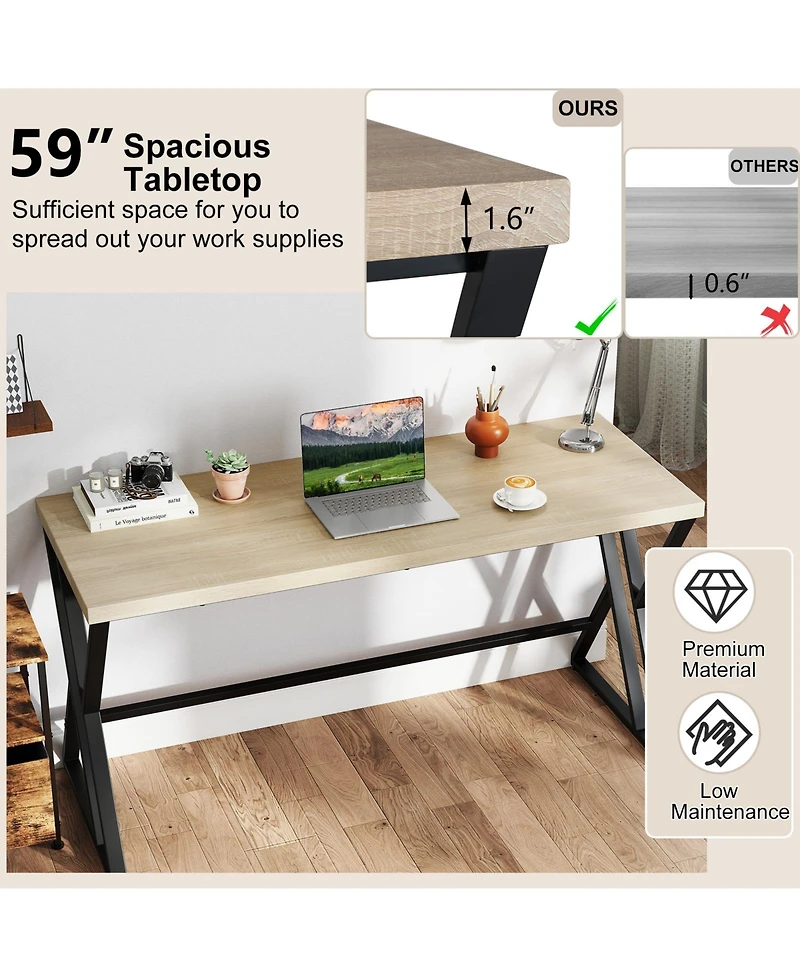 Slickblue 59 Inch Work Desk Heavy Duty Metal Frame Crossbar Design