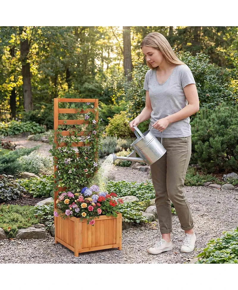 Gymax 48'' Wood Raised Garden Bed w/Trellis Drainage Holes and Gaps for Climbing Plants