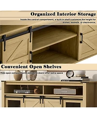 Rainsken Farmhouse Buffet Cabinet with Sliding Barn Doors, Mesh Panels and Open Storage Cubbies for Living Room, Kitchen and Dining Room