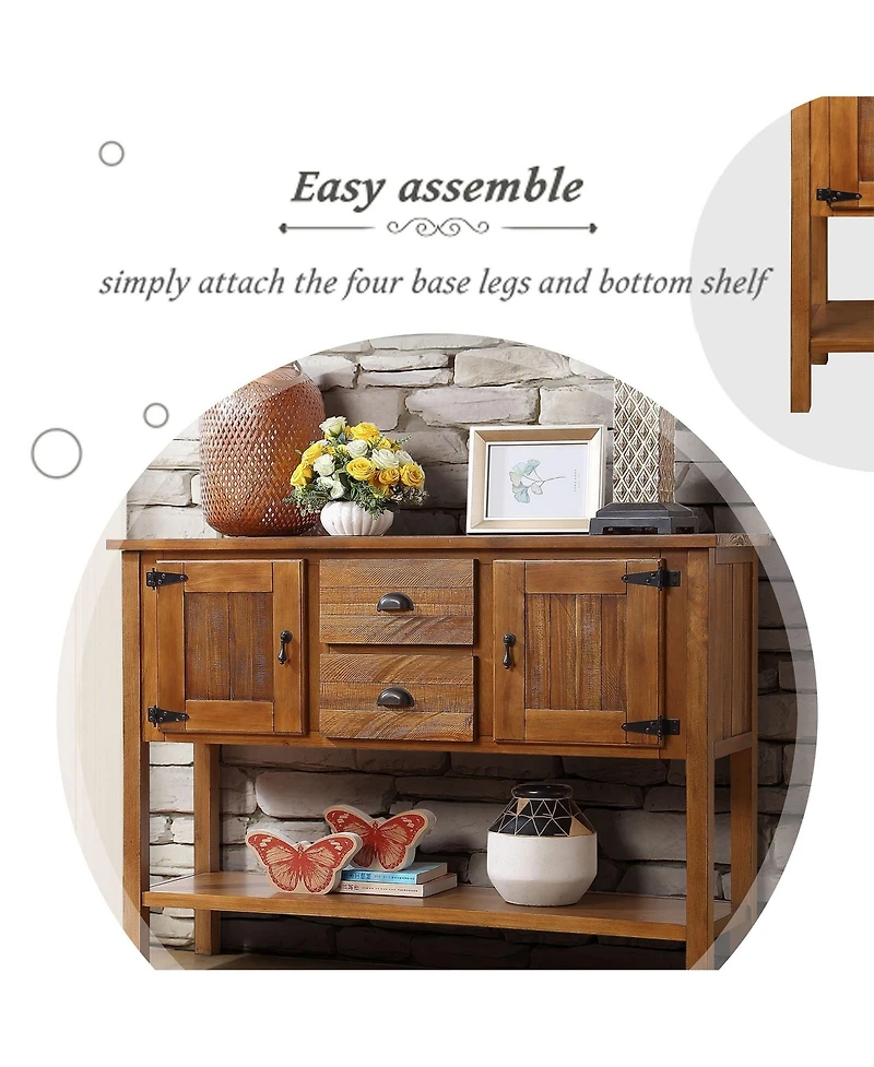 Rainsken Solid Wood Sideboard Console Table, Retro Style Storage Dining Buffet Cabinet with 2 Drawers, Cabinets and Bottom Shelf for Living Room
