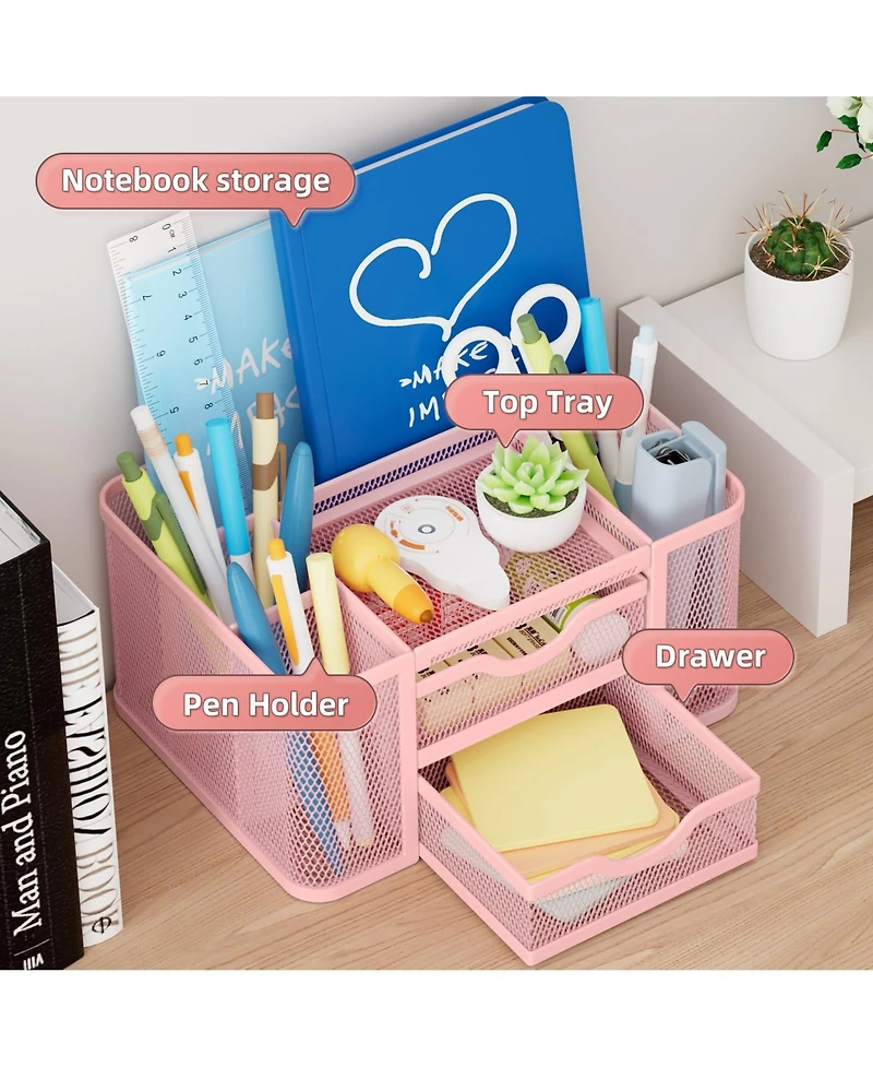 Gnuadz Mesh Desk Organizer Pen Holder 2 Drawer 5 Compartments Office