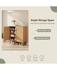 Yigii 4-Tier Shoe Cabinet with Woven Doors 3 Adjustable Shelves Freestanding Wood Storage for Entryway Hallway Living Room