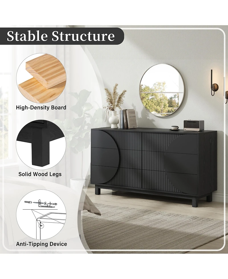 Rainsken Modern 6-Drawer Fluted Wooden Dresser – Geometric Round Accent Chest of Drawers, Spacious Storage Cabinet for Bedroom and Living Room