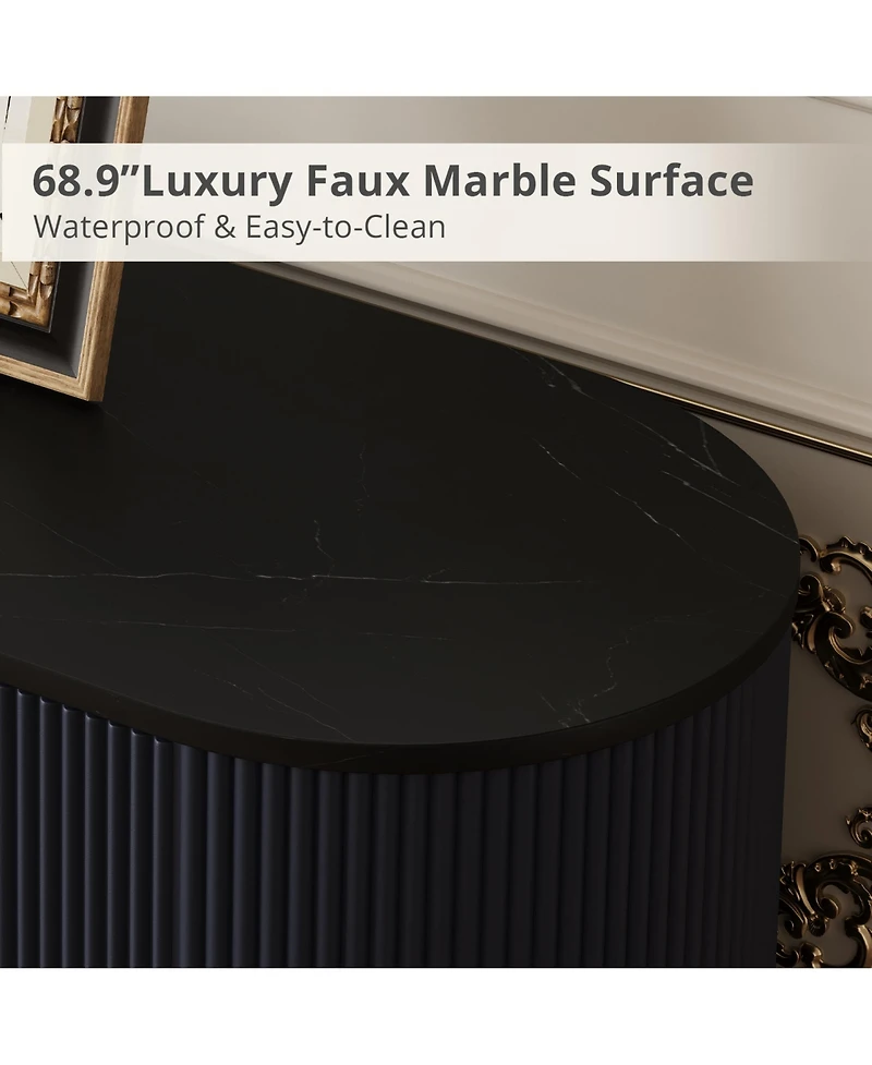 Rainsken 69" Curved Media Console for TVs Up to 80", Modern Entertainment Center with Wavy Acrylic Doors and Spacious Storage for Living Room