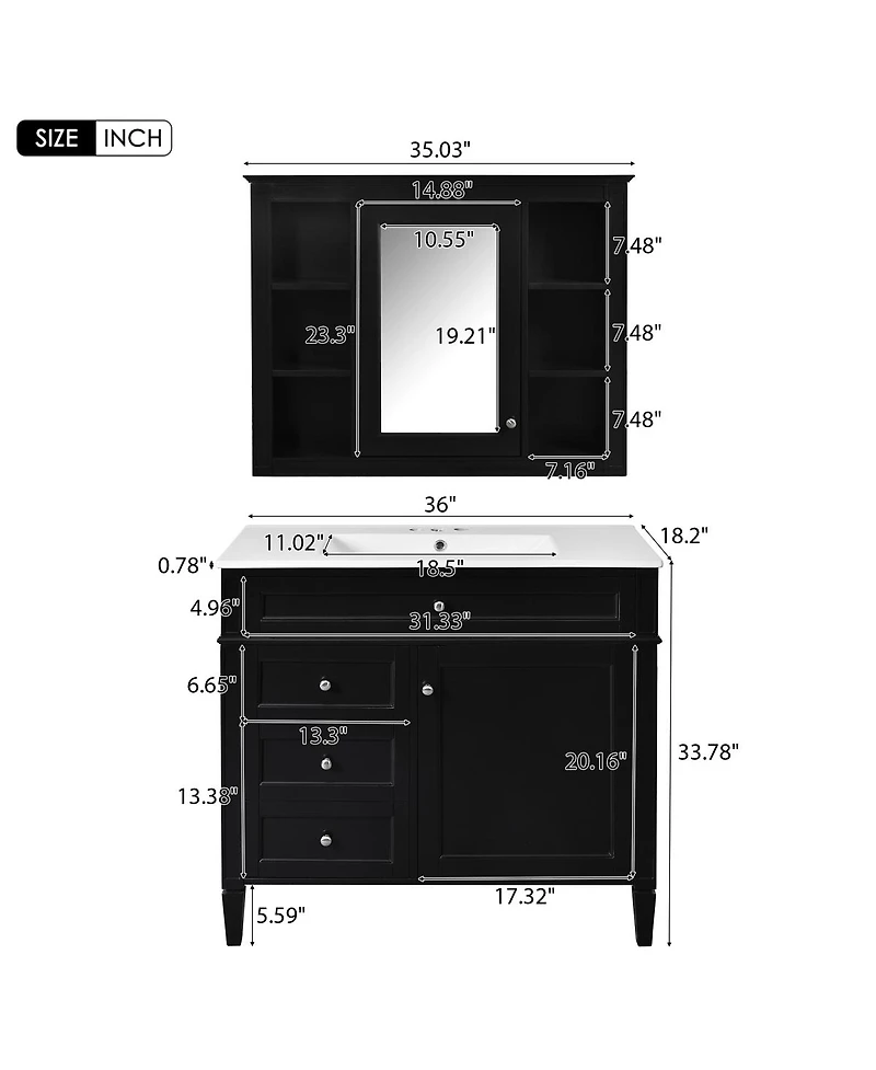 Sillysis 36" Bathroom Vanity with Sink and Mirror, Modern Freestanding Solid Wood Mdf Cabinet, 3 Drawers 2 Doors for Large Storage
